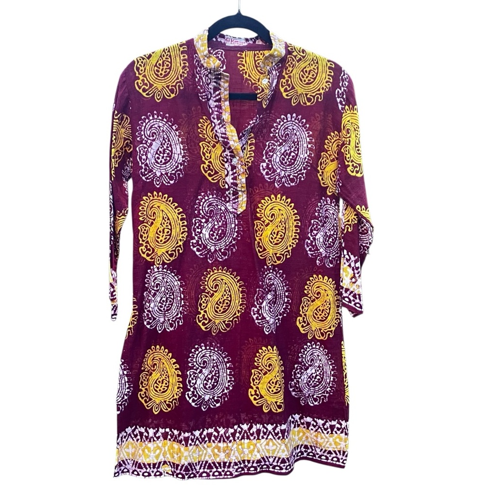 G.K. Bombay Elegant‎ Paisley Women's Tunic - Gold Maroon Wine Burgundy Boho Vibe